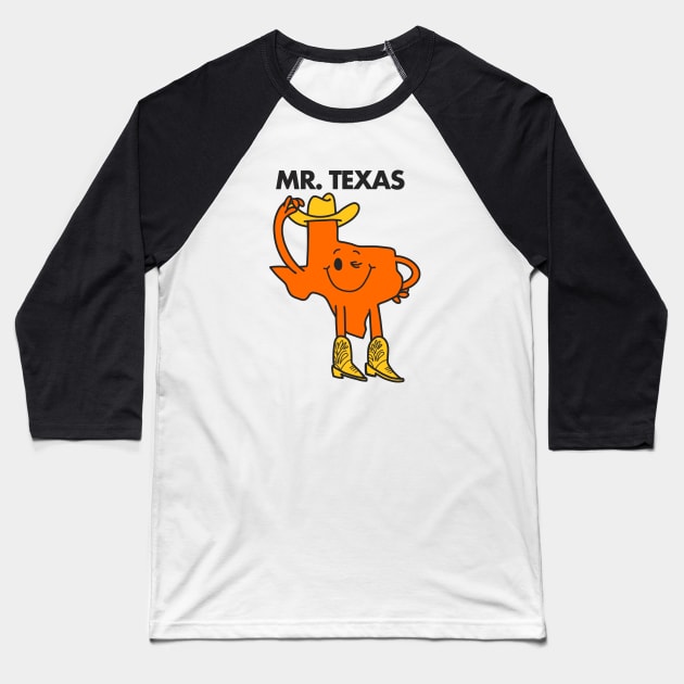 Mr. Texas - Parody Mr Men Baseball T-Shirt by sombreroinc